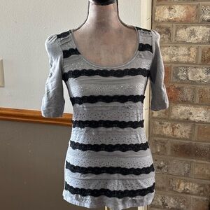 White House Black Market Gray Scoop Neck Top with Black Lace Stripes